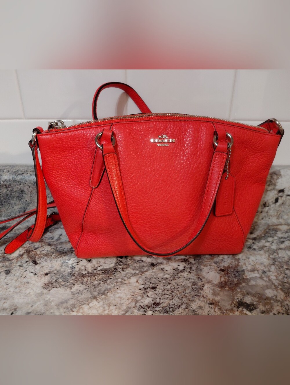 Coach Bright Orange Mini Kelsey Pebbled Leather Satchel